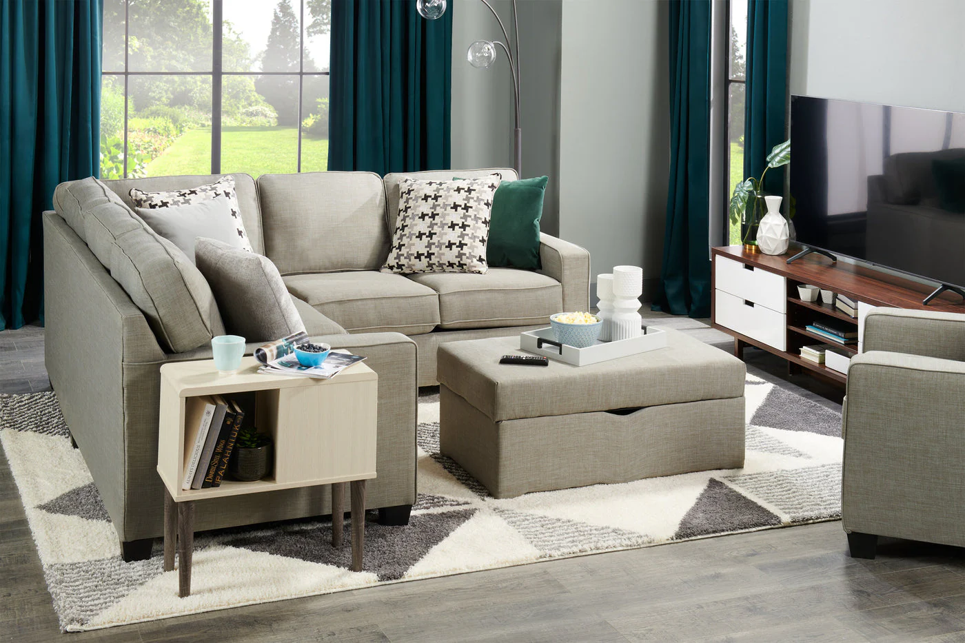 Ballenas 2-Piece Linen-Look Fabric Sectional - Light Grey - Image 8