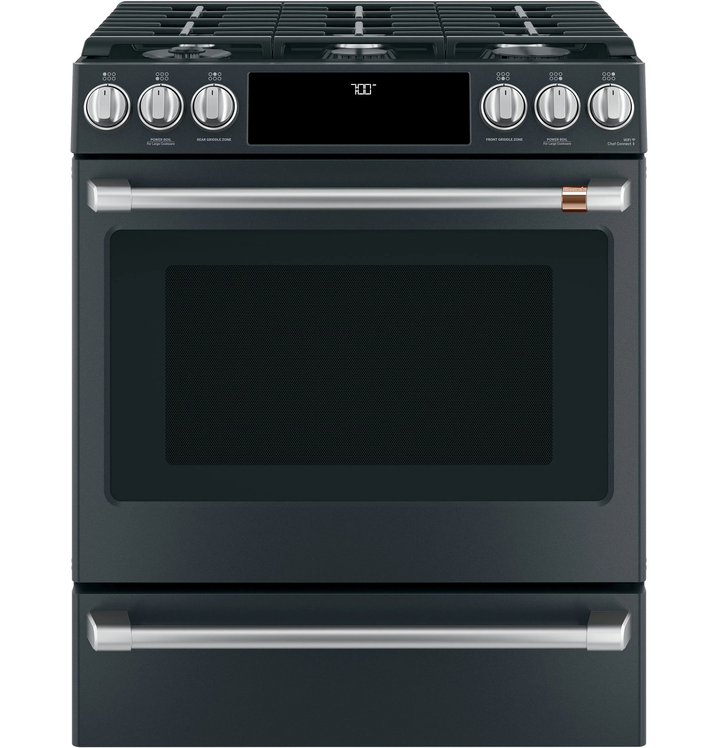 Café™ Matte Black 30" Slide-In Front Control Gas Oven with Convection Range (5.6 Cu.Ft) - CCGS700P3MD1