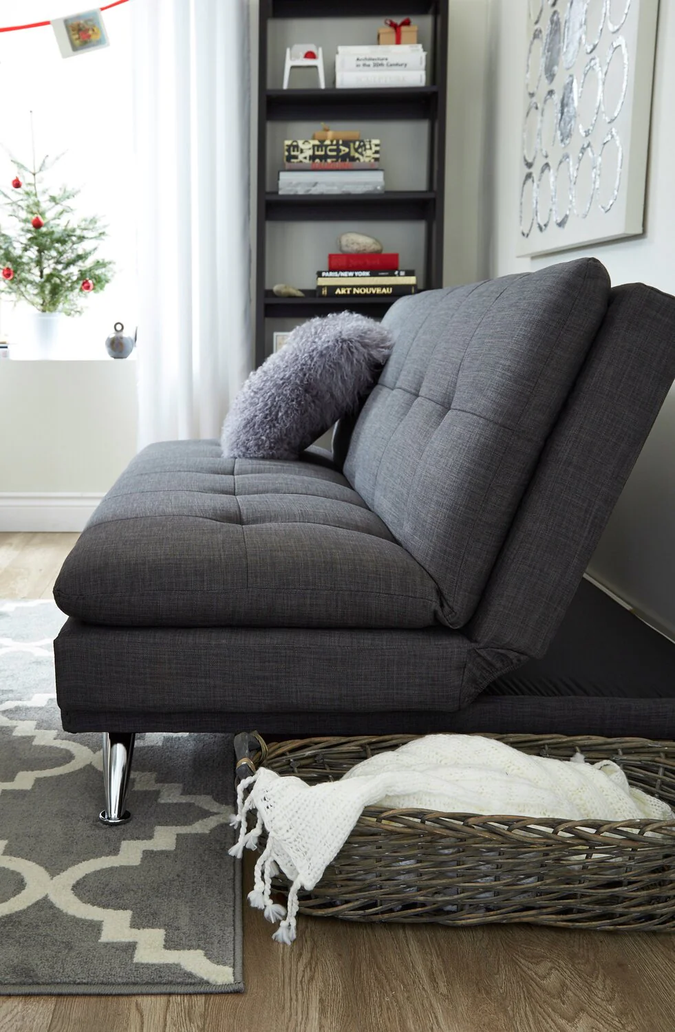 Calder Armless Linen-Look Fabric Futon - Grey - Image 4