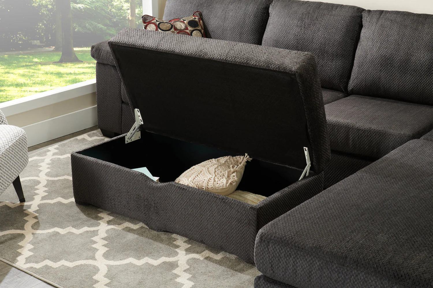 Farrow Chenille Storage Ottoman - Grey - Image 2