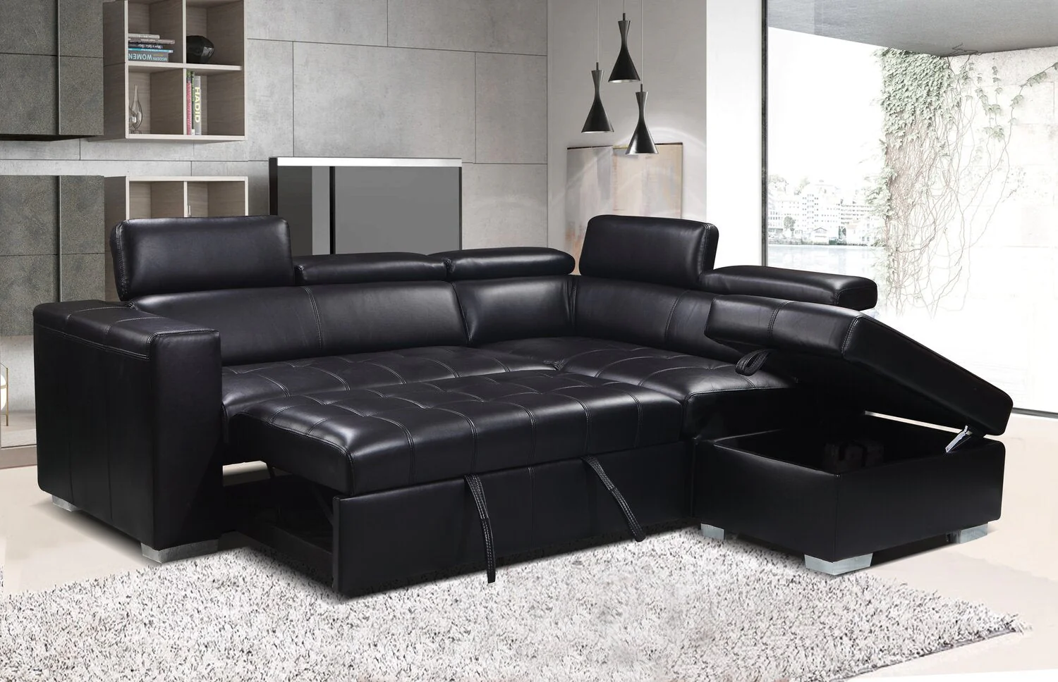 Foynes 3-Piece Leather-Look Fabric Right-Facing Sleeper Sectional - Black - Image 7