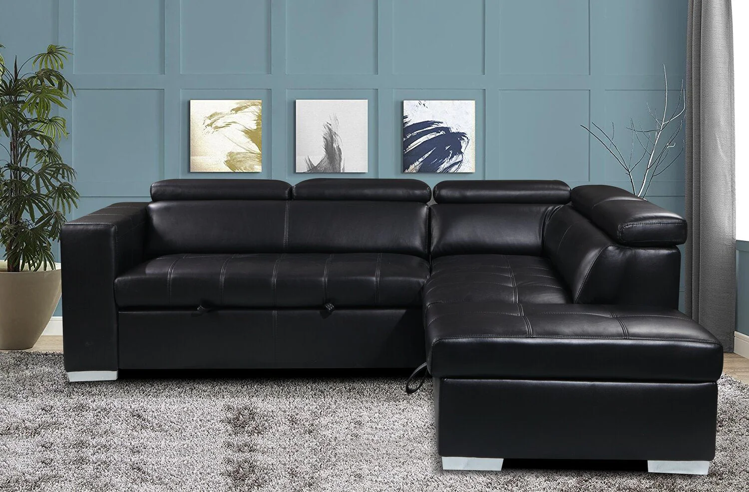 Foynes 3-Piece Leather-Look Fabric Right-Facing Sleeper Sectional - Black - Image 8
