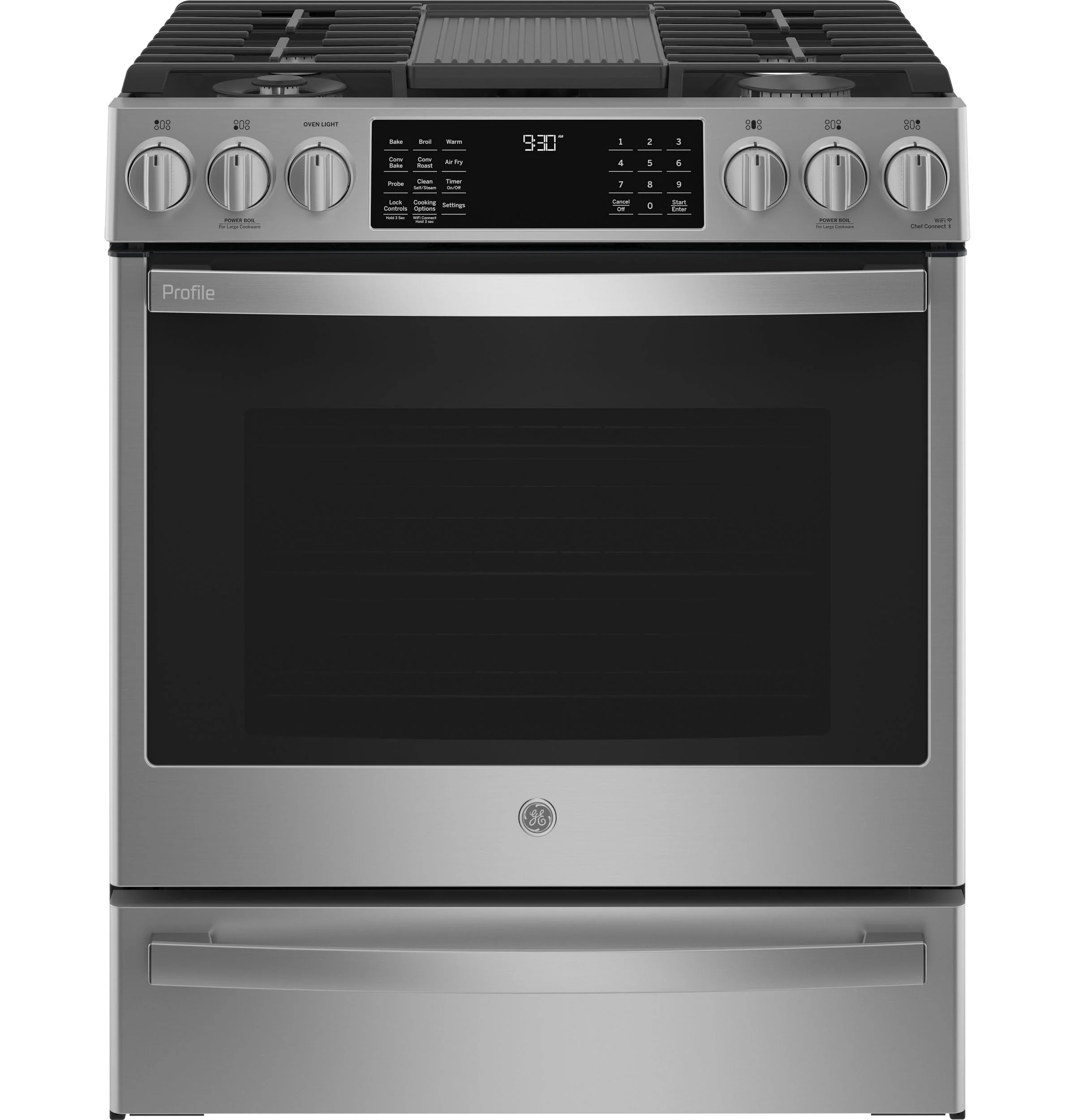 GE Profile Fingerprint Resistant Stainless Steel 30" Smart Slide-In Front-Control Gas Range with Air Fry (5.6 Cu.Ft.) - PCGS930YPFS
