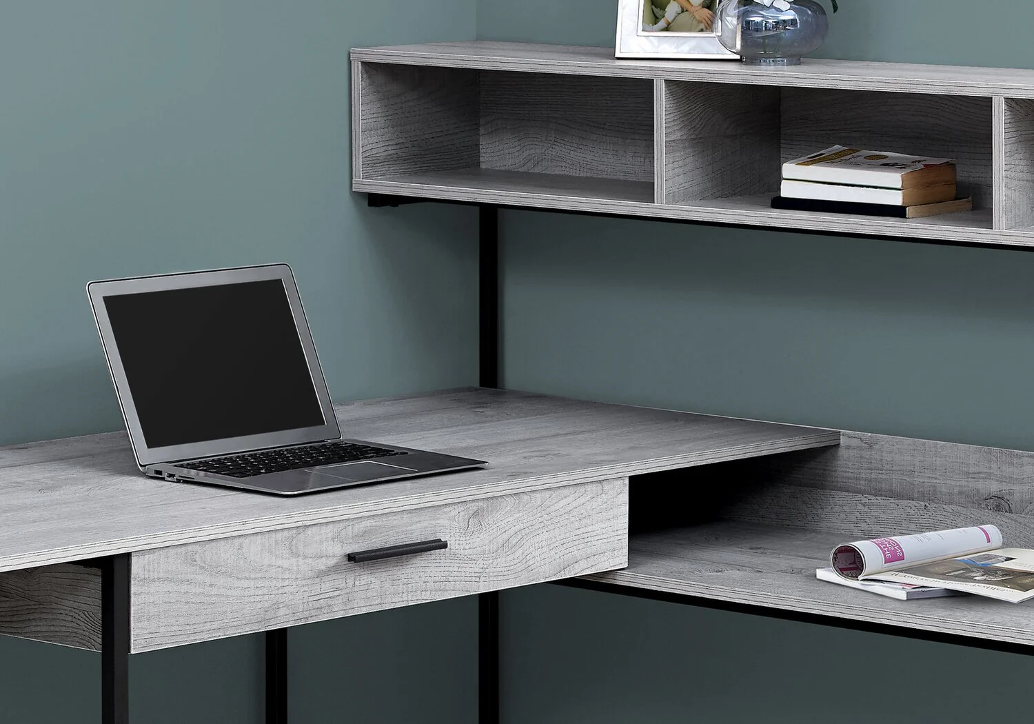 Keller L-Shaped Corner Desk with Hutch - Grey - Image 2
