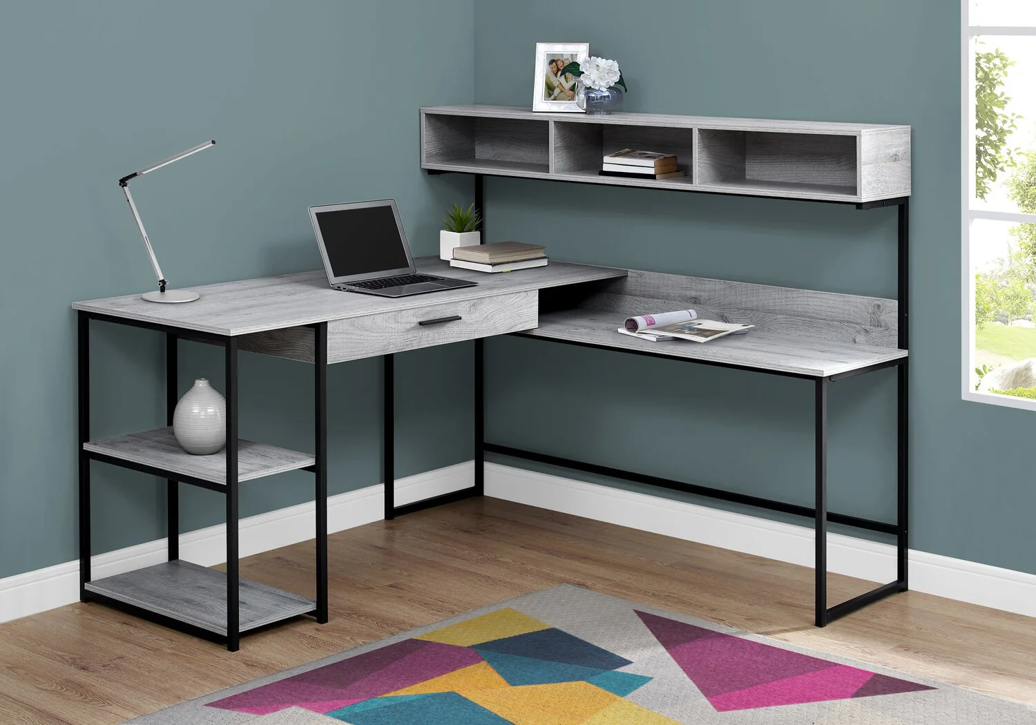 Keller L-Shaped Corner Desk with Hutch - Grey - Image 3