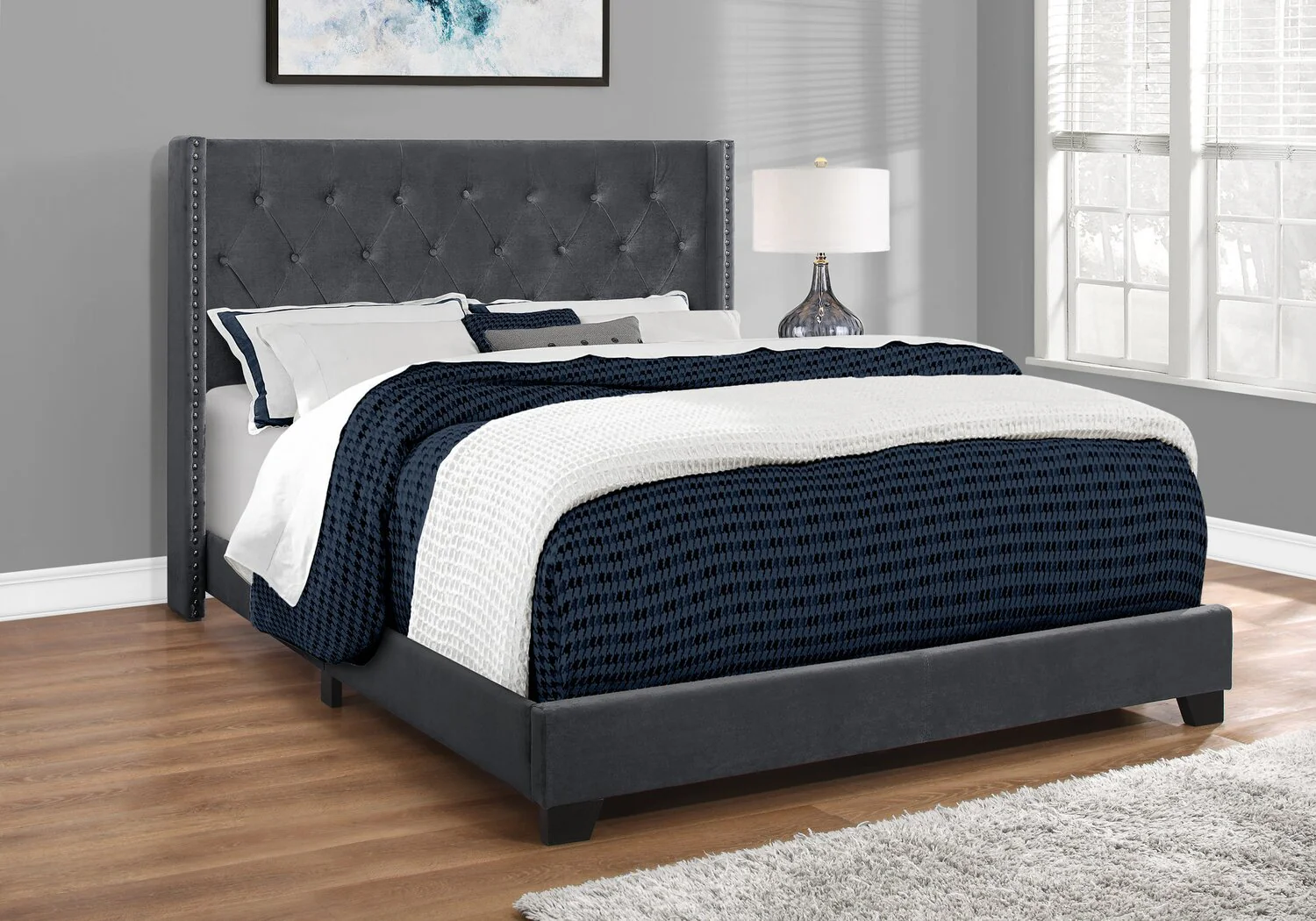 Keystone Velvet Queen Bed - Dark Grey - Image 2