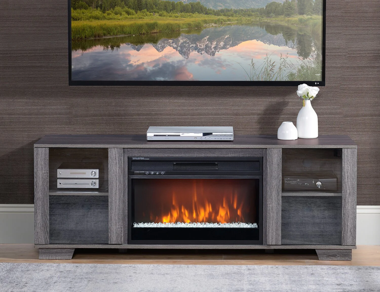 Lixa 62" TV Stand with Crystal Ember Firebox - Grey - Image 5