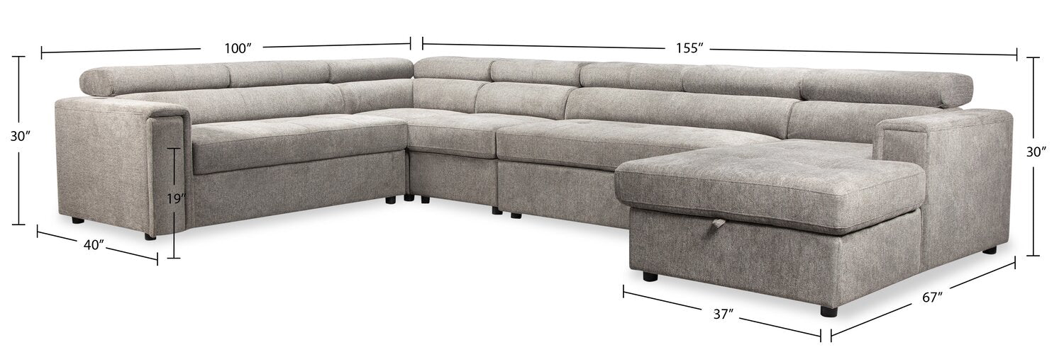 Romilly 5-Piece Linen-Look Fabric Right-Facing Sleeper Sectional - Grey - Image 17