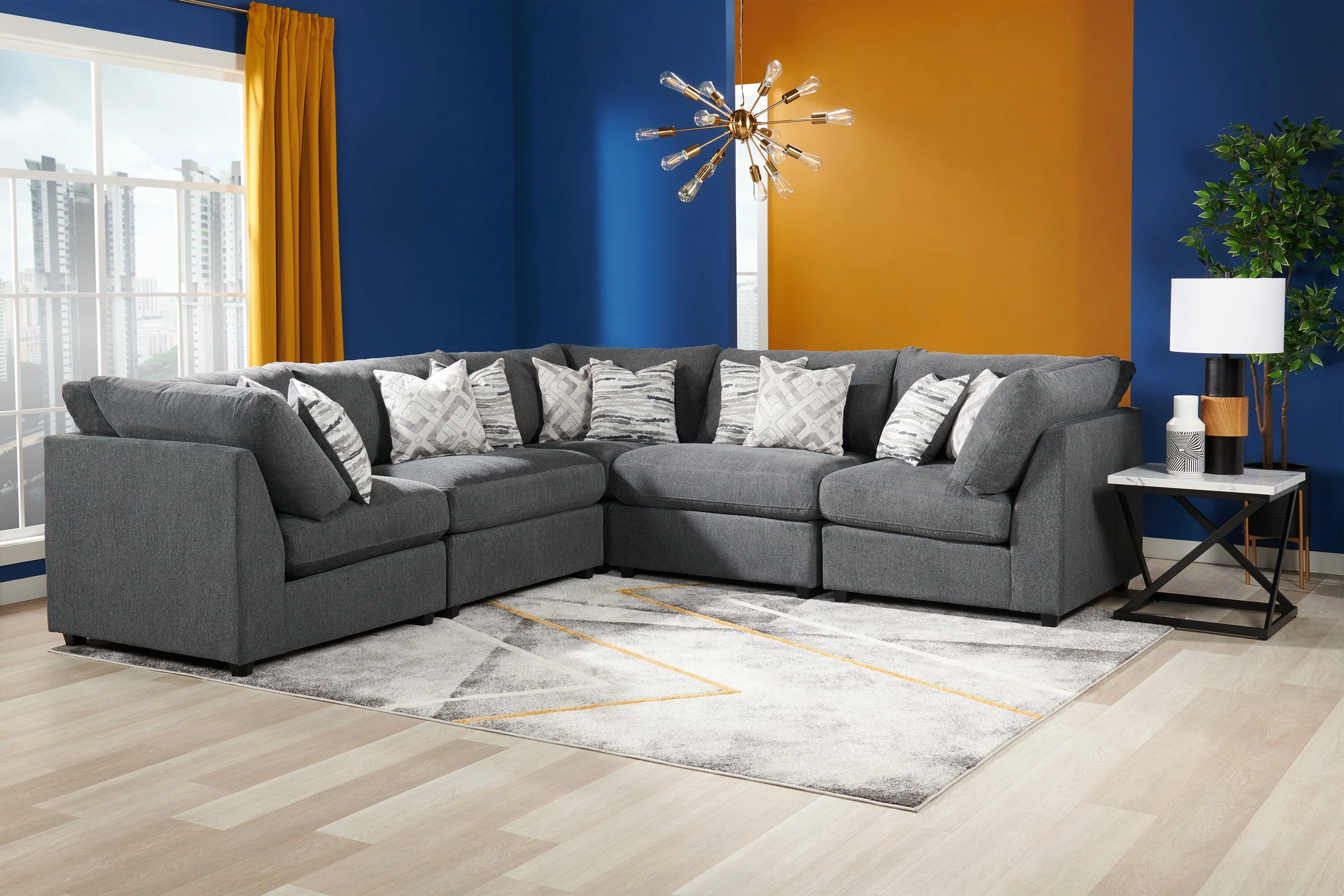 Skye Linen-Look Fabric 5-Piece Modular Sectional with 3 Corner Chairs - Charcoal - Image 9