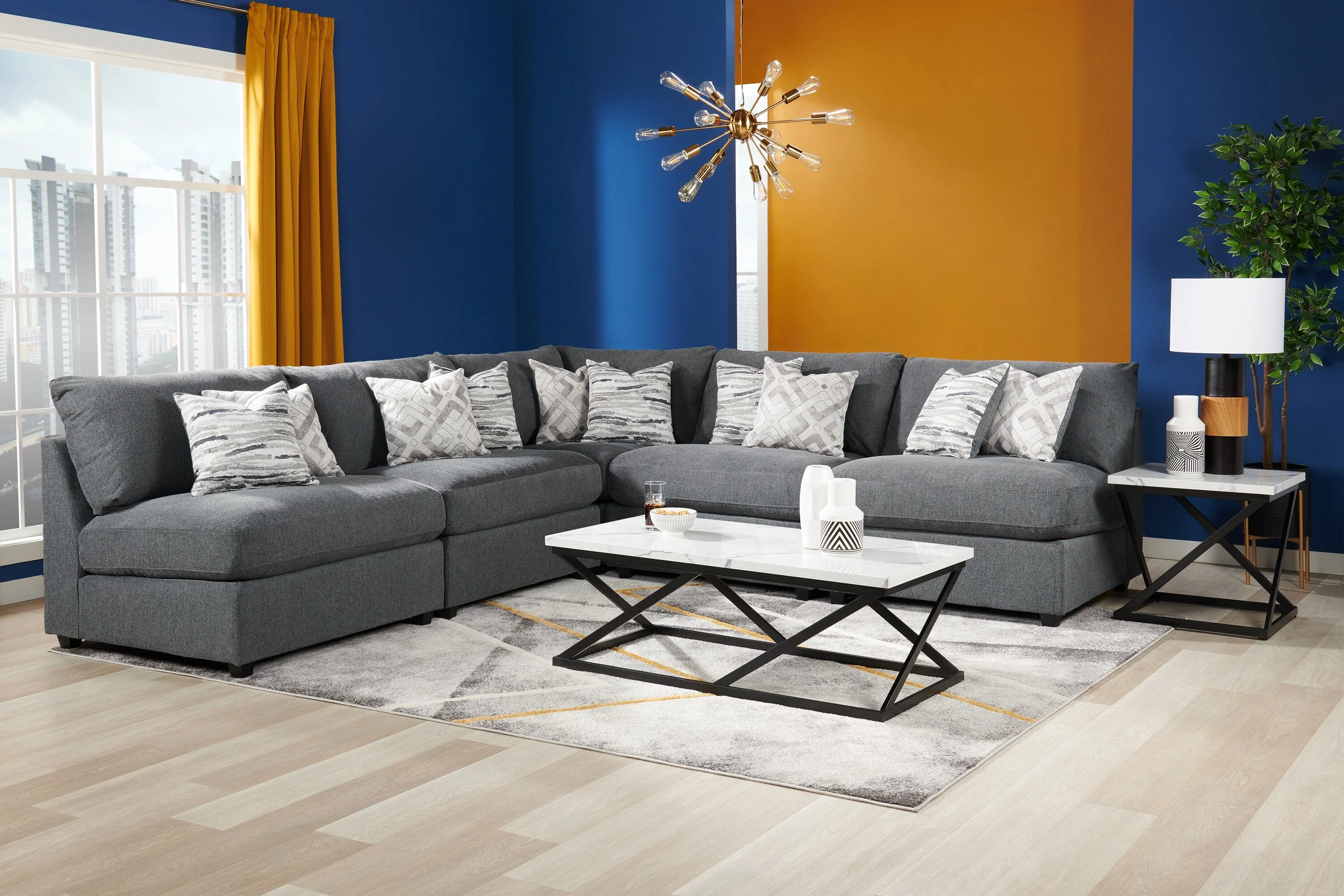 Skye Linen-Look Fabric 5-Piece Modular Sectional with 4 Armless Chairs - Charcoal - Image 10
