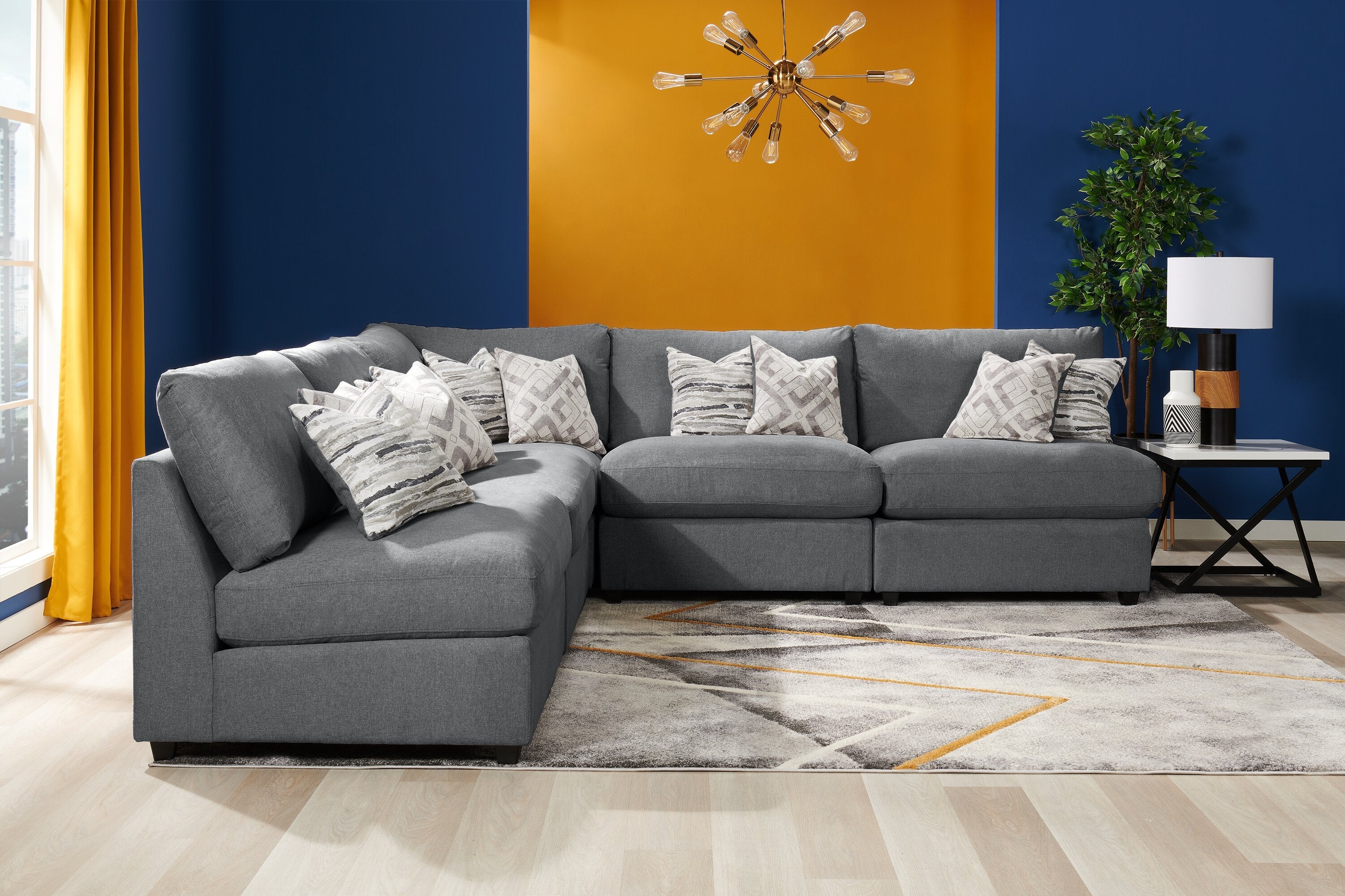 Skye Linen-Look Fabric 5-Piece Modular Sectional with 4 Armless Chairs - Charcoal - Image 9