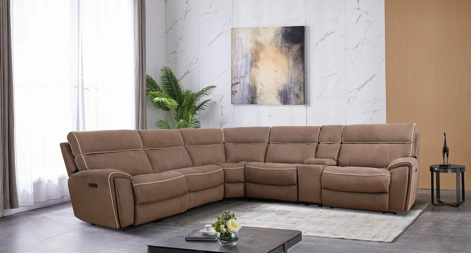 Sunview 6-Piece Faux Suede L-Shaped Power Reclining Sectional - Taupe - Image 6