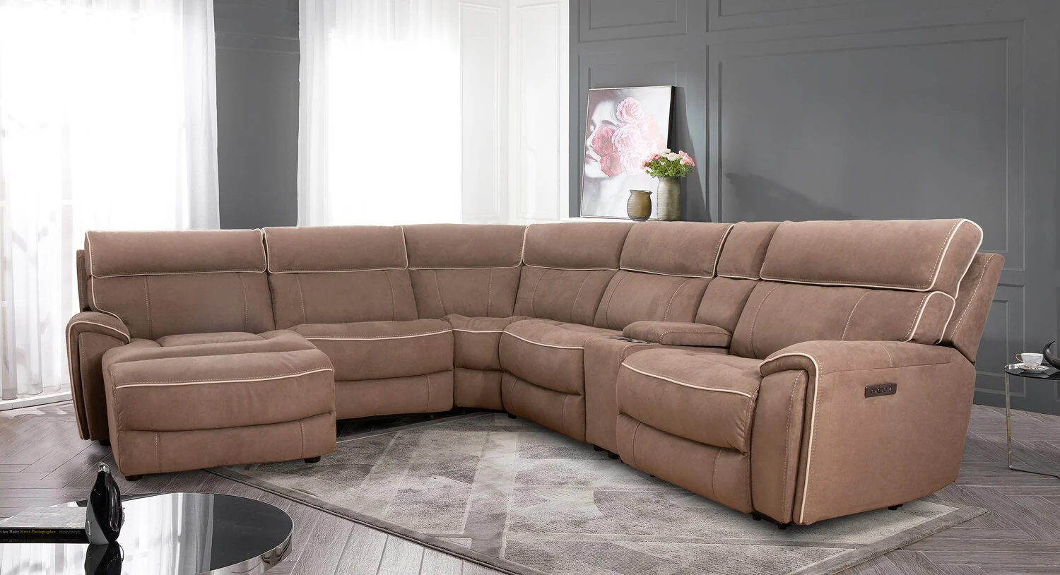 Sunview 6-Piece Faux Suede Left-Facing Power Reclining Sectional - Taupe - Image 3