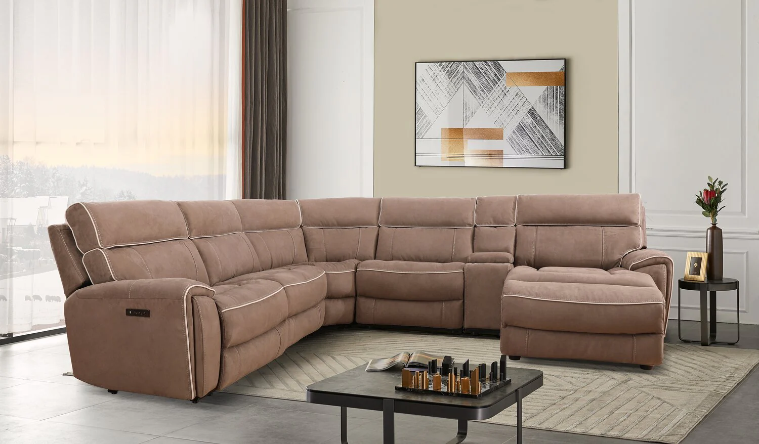 Sunview 6-Piece Faux Suede Right-Facing Power Reclining Sectional - Taupe - Image 3