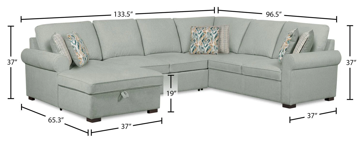 Valley 3-Piece Chenille Left-Facing Sleeper Sectional - Seafoam - Image 10