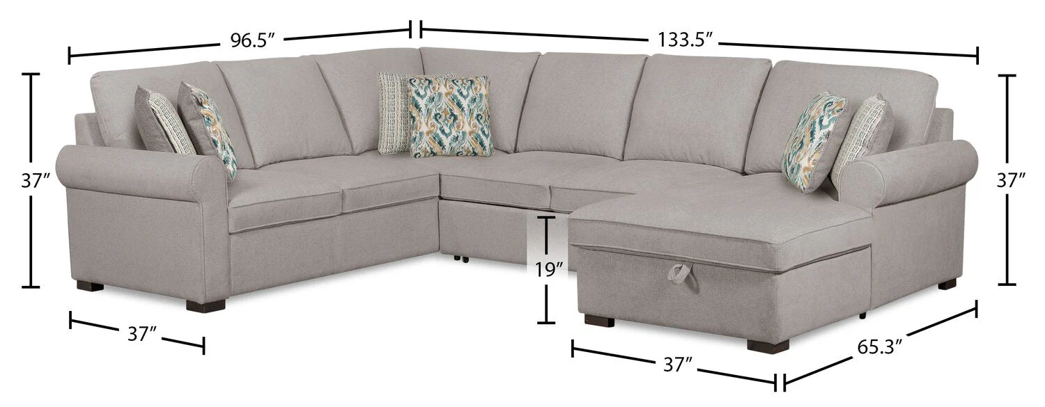 Valley 3-Piece Chenille Right-Facing Sleeper Sectional - Grey - Image 10