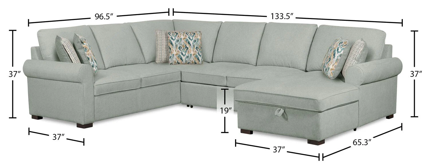 Valley 3-Piece Chenille Right-Facing Sleeper Sectional - Seafoam - Image 10