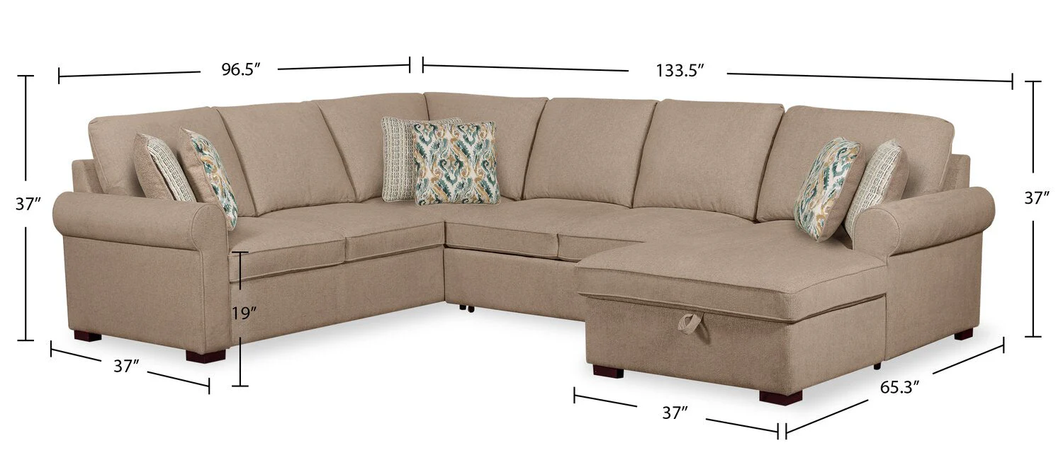 Valley 3-Piece Chenille Right-Facing Sleeper Sectional - Taupe - Image 10
