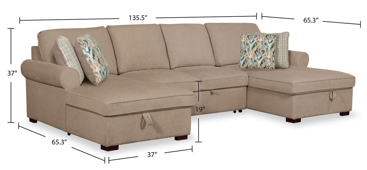 Valley 3-Piece Chenille Sleeper Sectional - Taupe - Image 7
